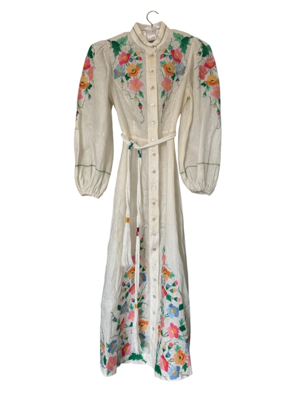 Zimmermann Floral Embroidered Linen Vyshyvanka Dress Bubble Sleeve Belted 0P - Picture 2 of 11